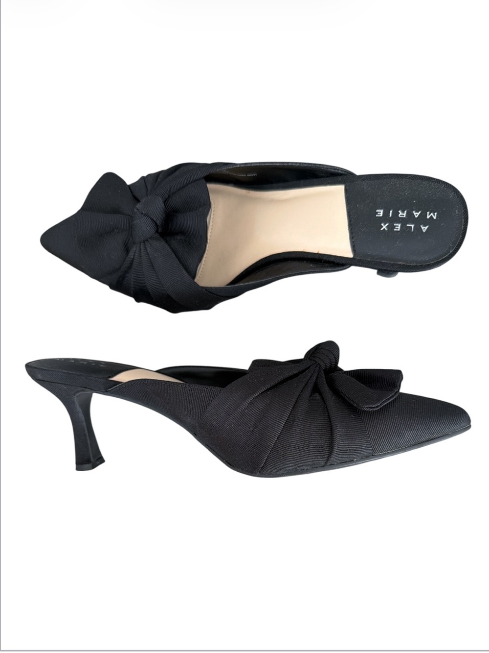 Alex Marie Audrene NWOB Black Fabric Bow Pointed Toe Kitten Heel Mules 8.5M